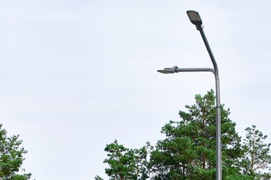 Опоры паркового освещения возле коттеджа на фоне хвойных деревьев