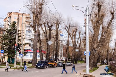 Опори контактної мережі вздовж проїжджої частини в місті вдень