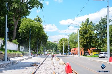 Опори контактної мережі уздовж міської вулиці з трамвайними коліями