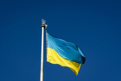 Флагшток с флагом и гербом на фоне неба